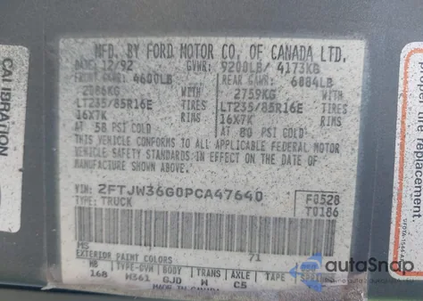 1993 Ford F350 из США, поврежденный, VIN 2FTJW36G0PCA47640